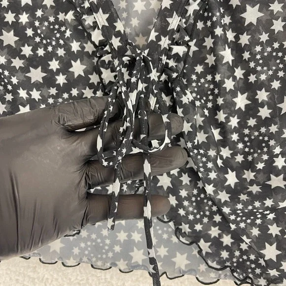 Free People Marni Sheer Top Womens Medium Black White Star Print Long Sleeve Tie - Picture 10 of 12